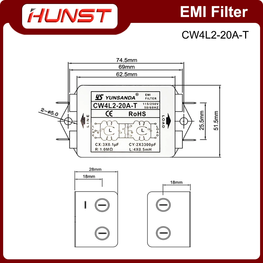 Hunst EMI Filter CW4L2-20A-T Single Phase AC 115V / 250V 20A 50/60HZ For Laser Cutting Engraving Machine And  Marking Machine. enlarge