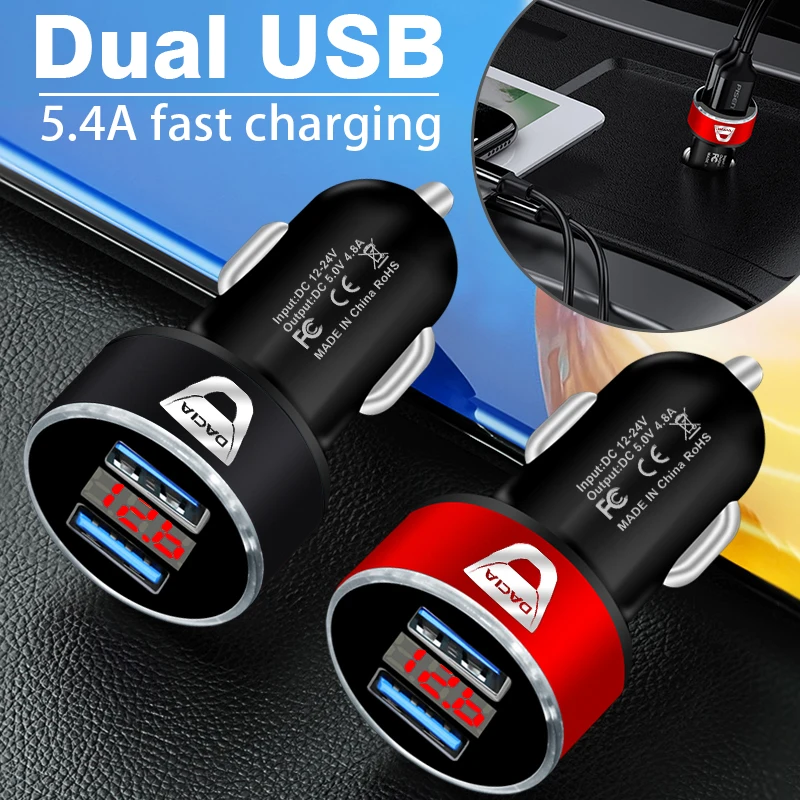 

Fashion Metal Dual USB Phone Car Charger Quick Charge LED Display Type C For Dacia Duster Logan MCV Sandero Stepway Dokker Lodgy