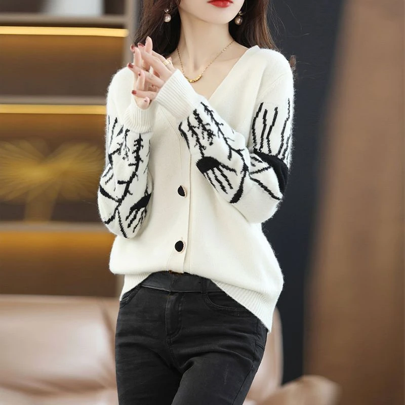 Женский вязаный свитер с V-образным вырезом и длинным рукавом