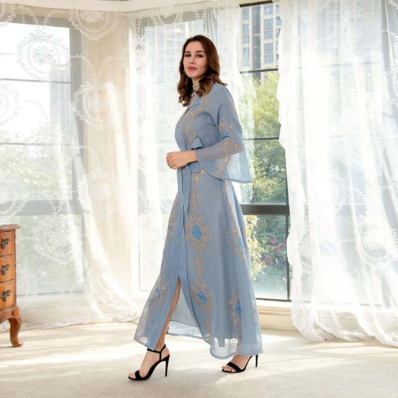 Mesh Embroidery Abaya Dubai Muslim Woman Dress 2022 With Buttons Belt Habaya Moroccan Jalabiyat Turkey Islam Arabic Abaya Kaftan