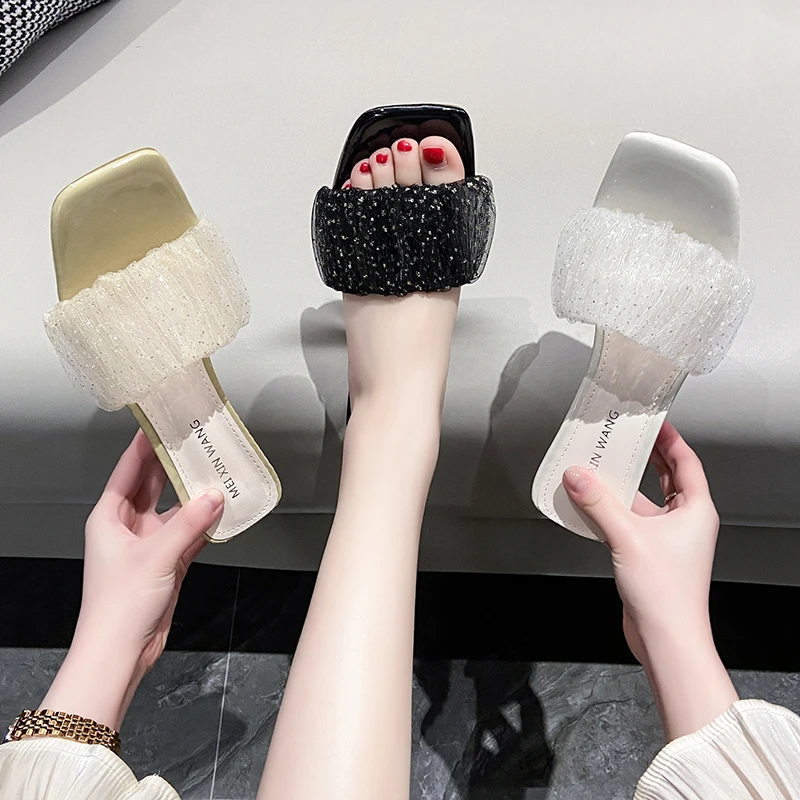 

Однотонные плиссированные летние тапочки, милые шлепанцы для отдыха, Женские базовые сланцы, мюли, повседневная женская обувь на квадратном высоком каблуке