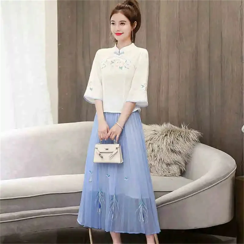 Летний костюм 5XL Женские комплекты 2023 толстые MM Китайский Стиль Мама ханьфу