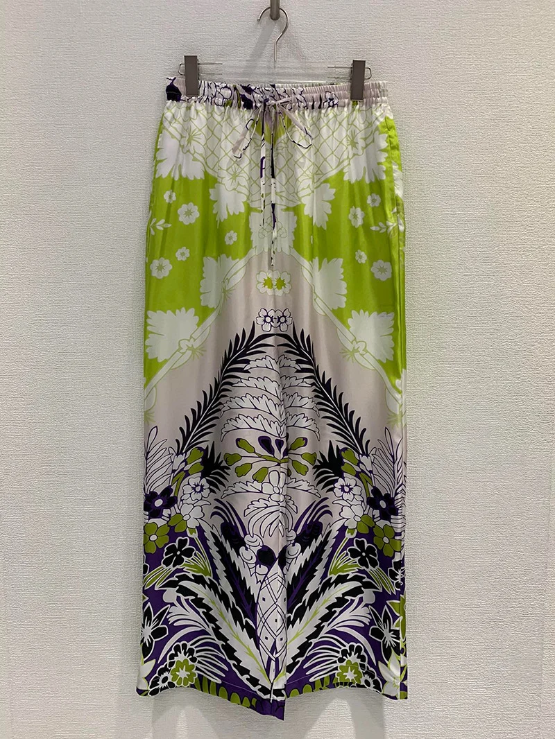 

Шелковые женские брюки, винтажные шелковые брюки с цветочным принтом, на шнуровке, с эластичным поясом, свободные прямые брюки с карманами из Твила, новинка 2023