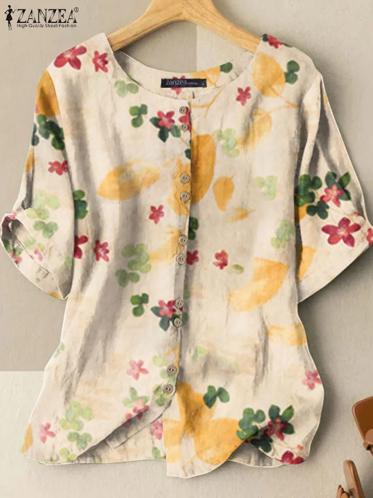 

ZANZEA Summer Vintage Women Bohemian Printed Tops Casual Loose O Neck Buttons Beach Shirt Floral Short Sleeve Blouse Chemise