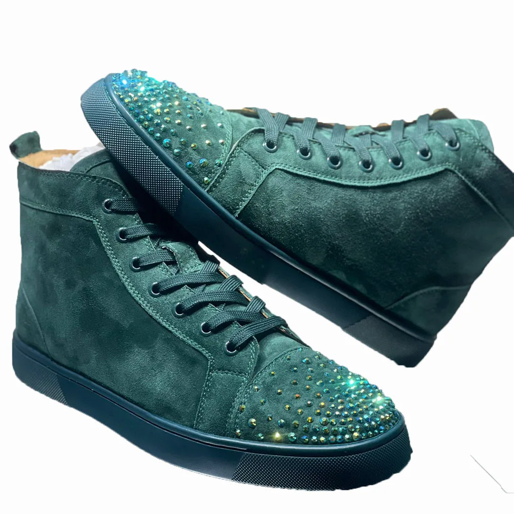 

Модная брендовая обувь с высоким верхом и красной подошвой для мужчин, роскошные кроссовки для вождения, заклепки с кристаллами, зеленая замша, натуральная кожа