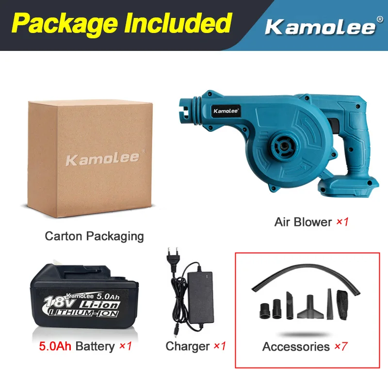 

Беспроводной бесщеточный Электрический вентилятор Kamolee DUB185 2 в 1 20000 ОБ/мин, совместим с батареей Makita 18 В.