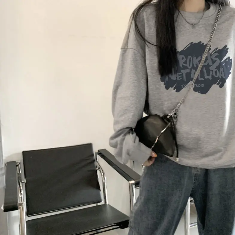 

Simple Loose Fashion Trend Spring and Autumn Thin Round Neck Pullover Letter Printing Long Sleeve Casual All-match Sweater
