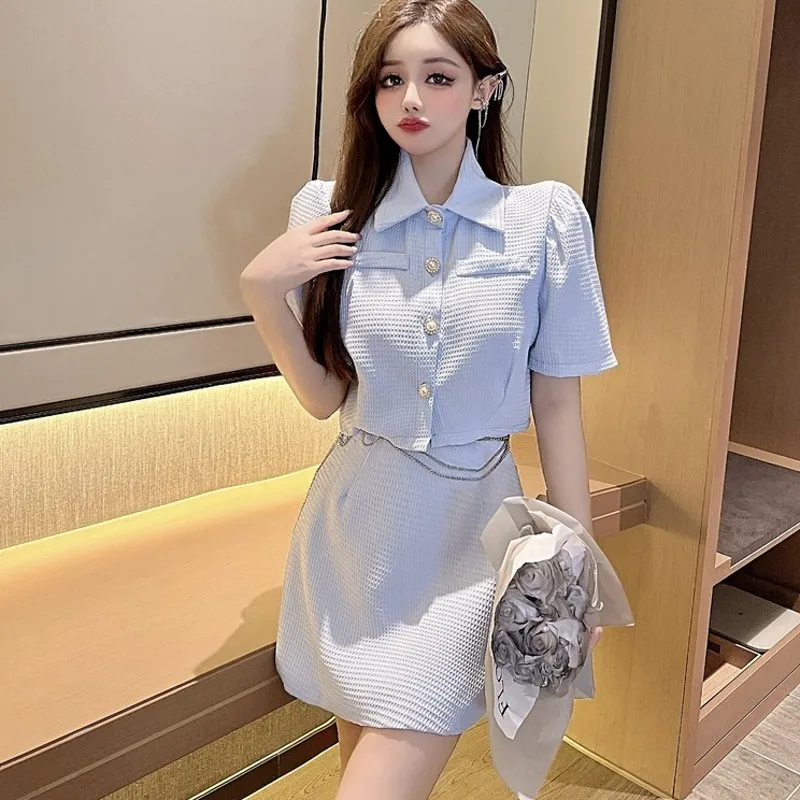 

2022 Summer women 2 Piece Set Fashion Short Sleeve Turn Down Tweed Tops + Mini Skirt Suits Sets