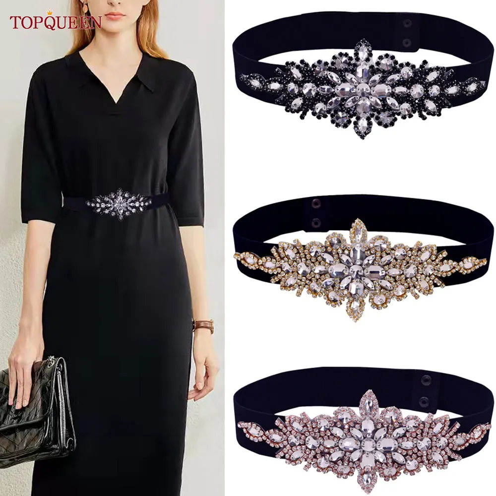 TOPQUEEN S01-B Women Black Elastic Belts for Party Evening Dress Gown Rhinestone Female Shiny Waistband Fashion Daily Luxurious