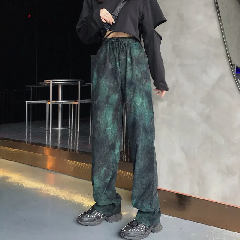 

Spring Retro Tie-dye Korean Old Retro Tie-dye Wide-leg Pants for Men and Women Elastic Loose High Waist Casual Harajuku Pants