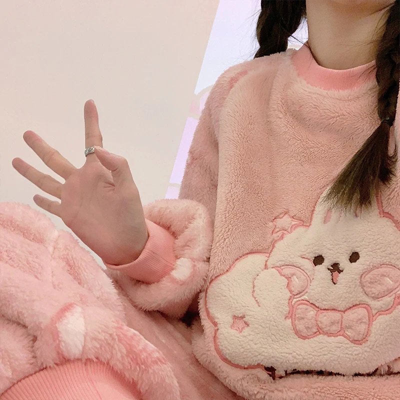 

Women Pyjamas Sets 2023 Autumn Winter Warm Flannel Thick Coral Velvet Homewear Long Sleeve Cartoon Sleepwear Female Pajamas Suit