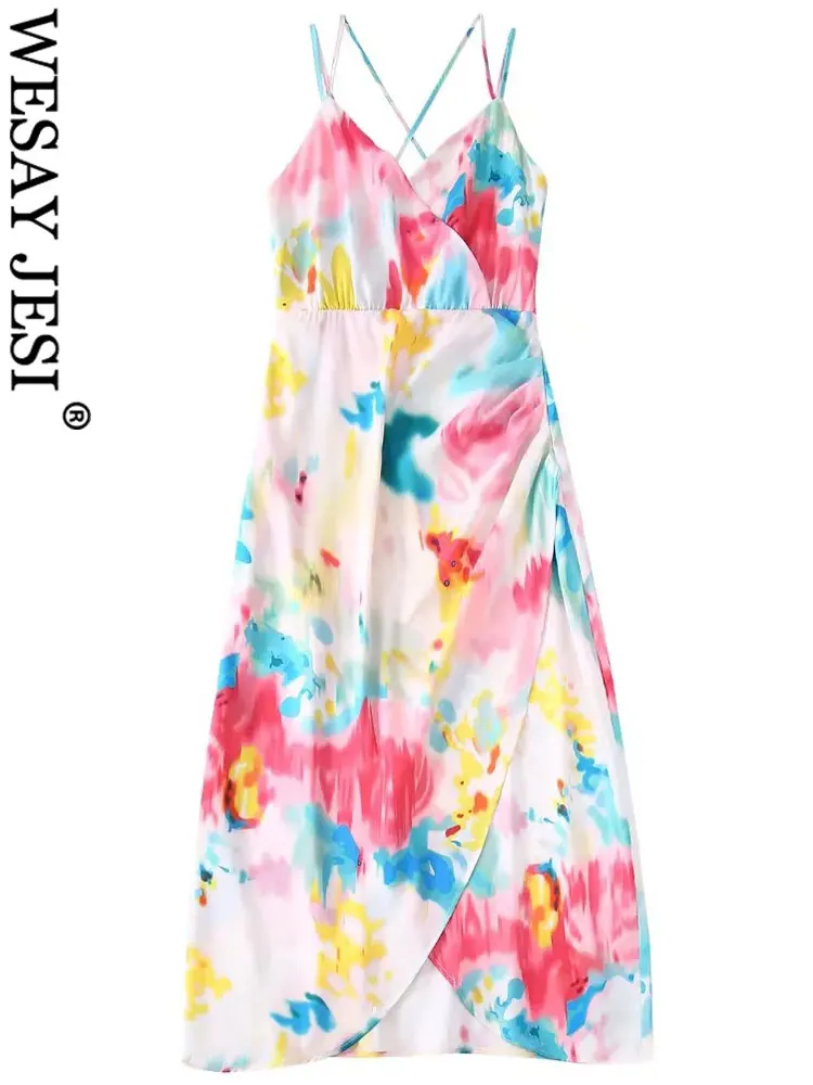 

WESAY JESI Fashion Irregular Hem Tie Back Slim Fit Women's Dress Beautiful Colorful Fantasy Print Sling Halter Long Ladies Dress
