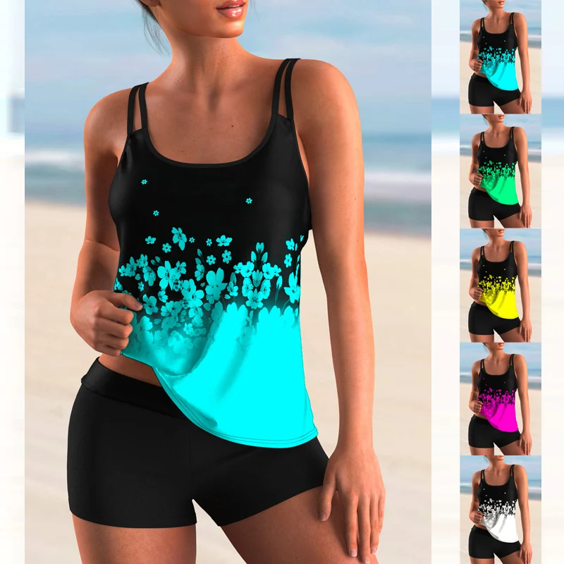 

2022 New Women Loose Flower Print Tankini Swimsuits Swimwear High Waist Swimsuit Female Vintage Bathing Suit Beachwear Bikini