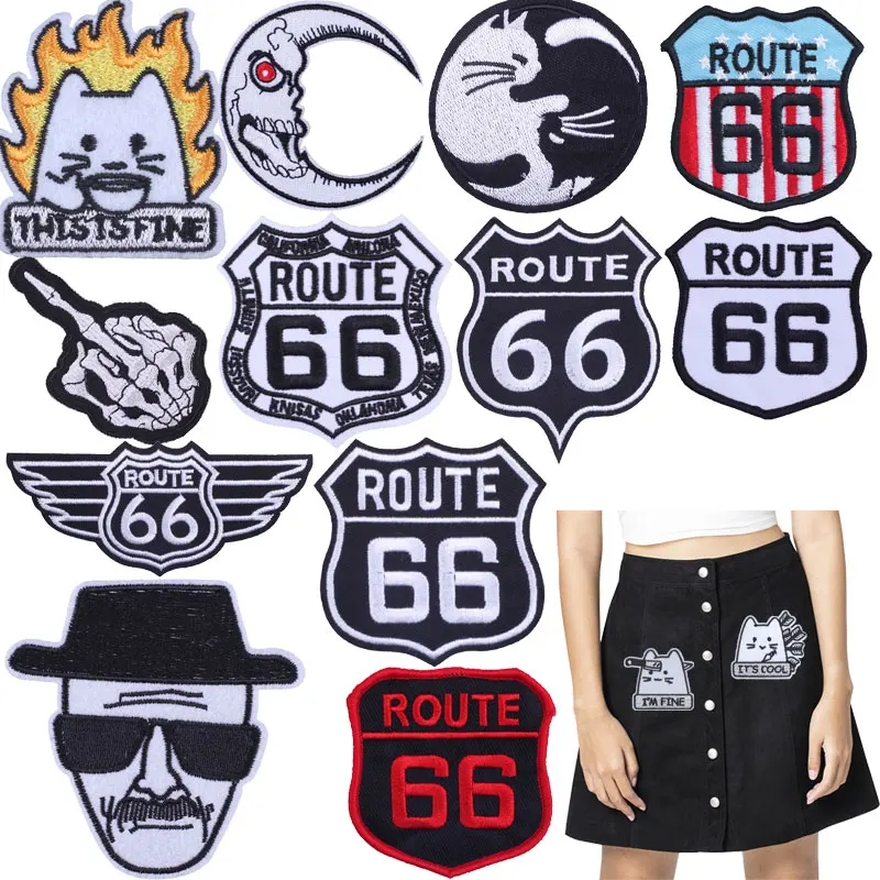 

Route 66 Embroidered Patches Clothing Thermoadhesive Patches Fusible Patch on Clothes Punk Hippie Rock Biker Badges Sewing Cheap