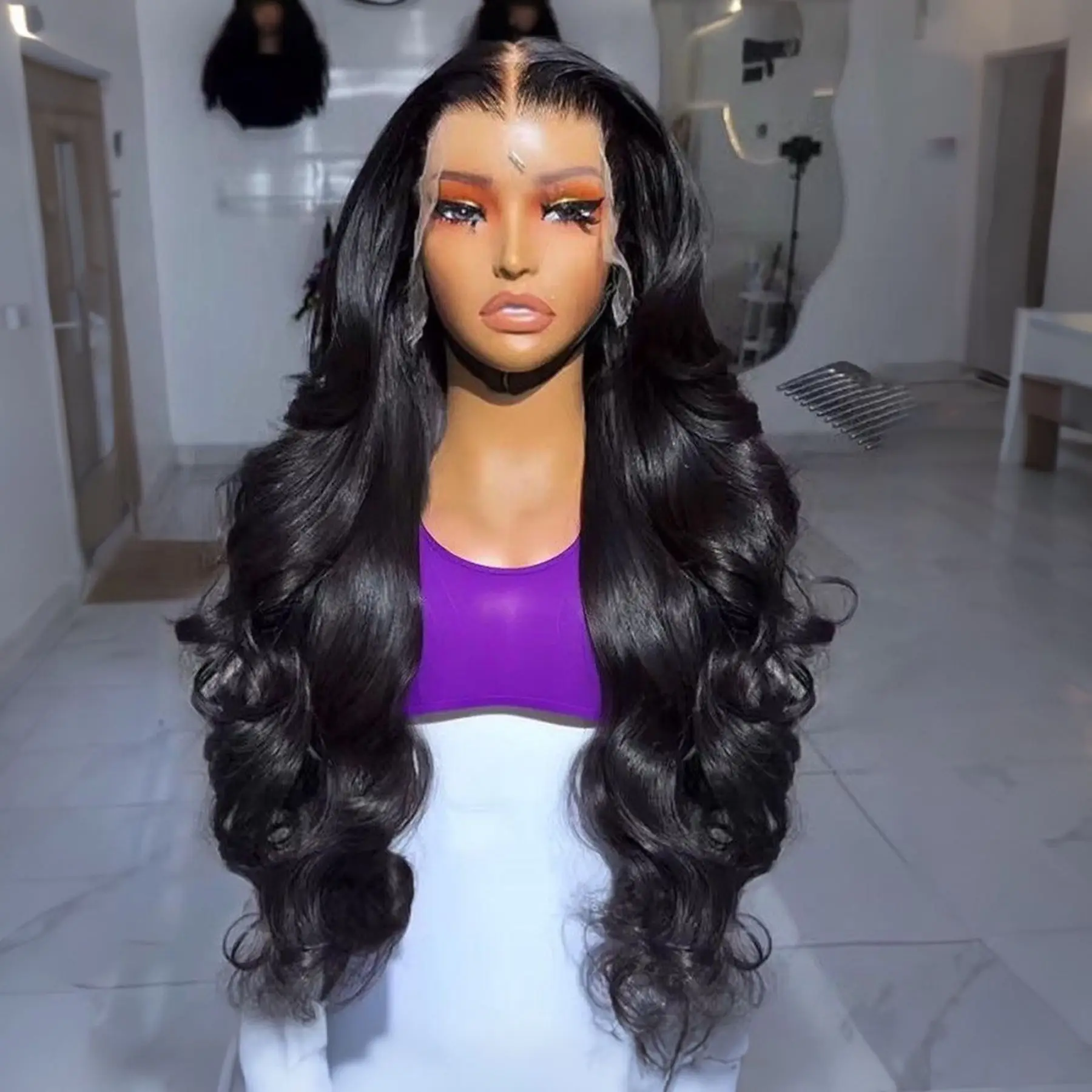 Фото Синтетические парики Body Wave 13X4X1 HD Full Lace Frontal для чернокожих женщин, с предварительно выщипанными и отбеленными узлами, с детским волосом, для свадьбы, повседневной носки и вечеринок №5