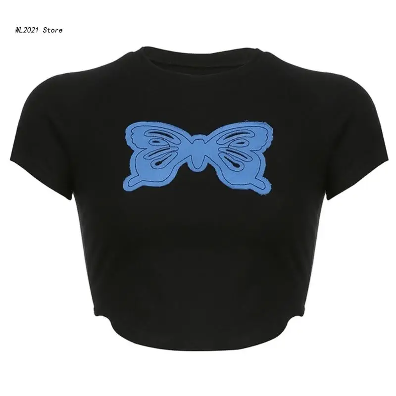 

Женская футболка с аппликацией бабочек и вышивкой до пупка в стиле Харадзюку, облегающий топ с коротким рукавом, круглым вырезом и изогнуты...