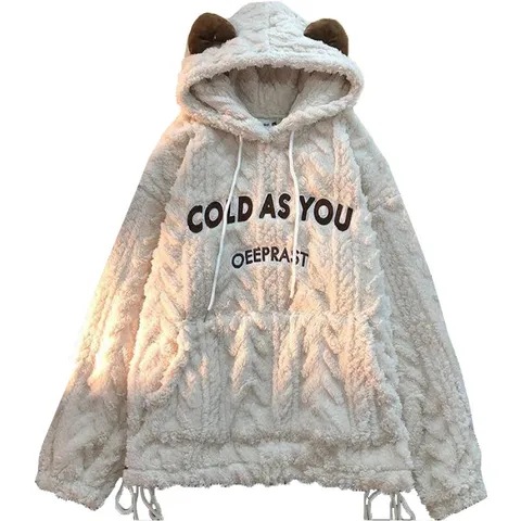 Медвежьи уши, мягкий пуловер с вышивкой ягненка, холодный as You, женский свитшот, осенне-зимнее утепленное пальто, свободные топы цвета хаки