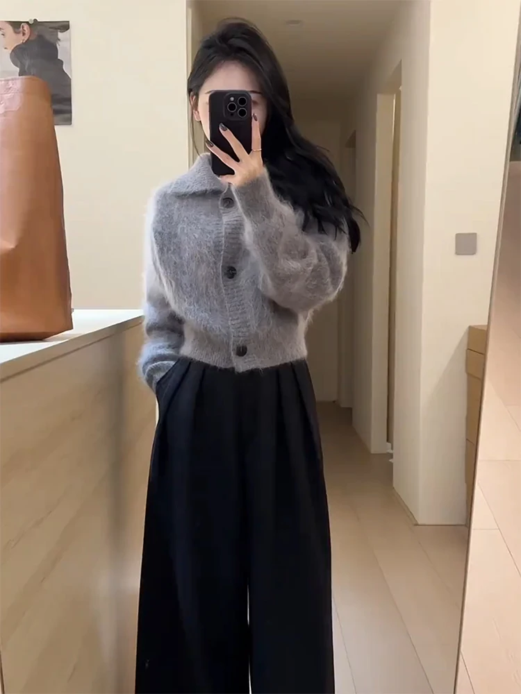 Mohair Lapel Short Thickened Cardigan sweater Outerwear Women Autumn and Winter Korean Series Idle Sle Soft Glutinous Knit Top |
