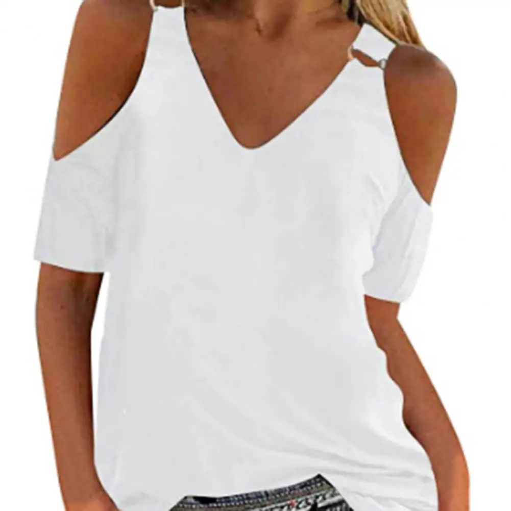 

V-neck Hollowed-out Top Floral Print Pullover Tops Women's Summer V-neck T-shirt with Cold Shoulder Buckle Decor Solid for A