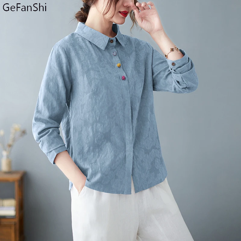 

Spring Summer 2022 New Solid Cotton Linen Blouse Shirt Long Sleeve Office Ladies Woman Casual Loose Blouses Tops Blusas