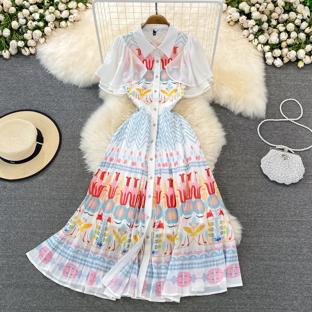 

2022 Summer Butterfly Sleeves Flower Print Chiffon Pleated Dress Women Shirt Collar Single Breasted High Waist Beach Vestidos