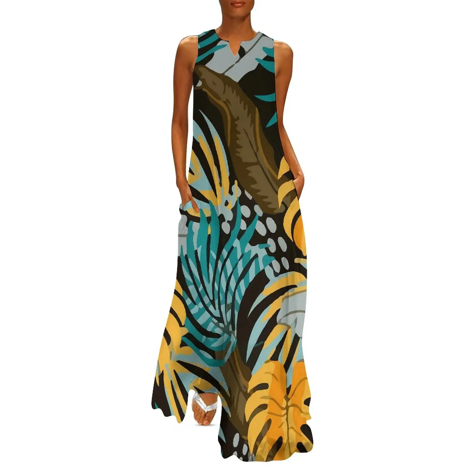 

Beautiful Plants Dress Yellow Blue Leaves Elegant Maxi Dress Street Fashion Casual Long Dresses Summer V Neck Design Vestidos