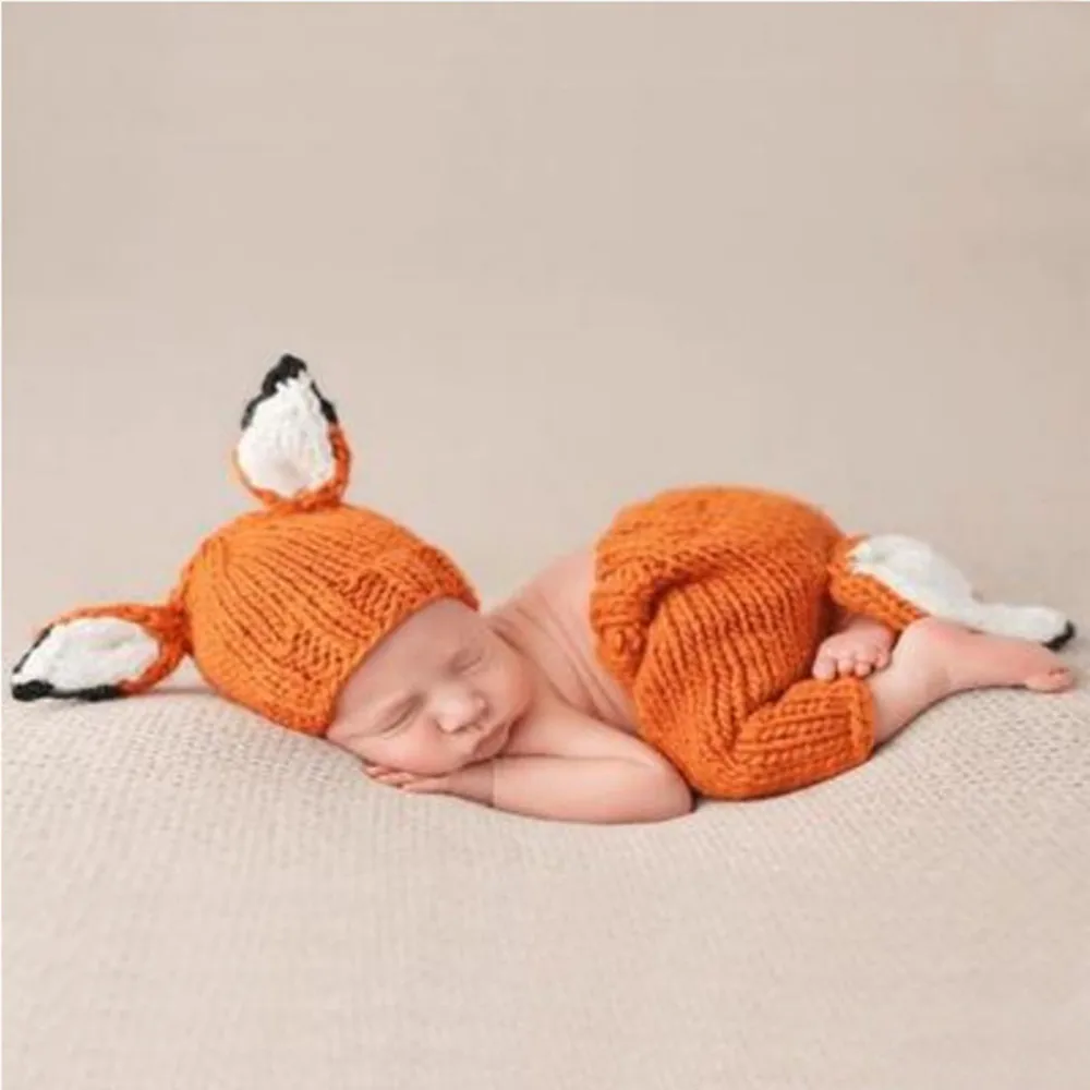 Newborn Photography Clothing Fox Knitting Hat+Pants 2Pcs/Set Studio Baby Photo Prop Accessories Infant Shooting Cartoon Costume