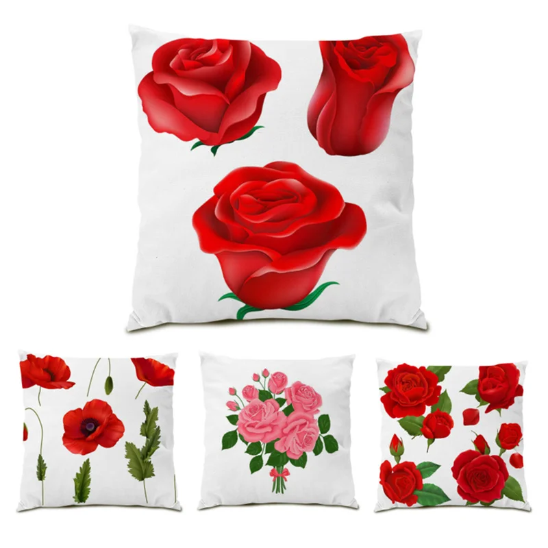 

45x45 Cushion Cover Polyester Linen Pillowcase High Quality Sofa Decorative Pillow Cases Red Rose Flower Ultra Soft Velvet E0734