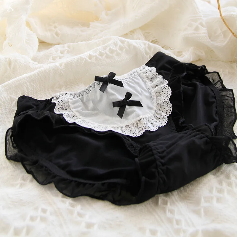 Sexy Girl Black Mesh Panties Lace Side Bow Knot Underwear Comfortable Cotton Crotch Briefs Lingerie Women