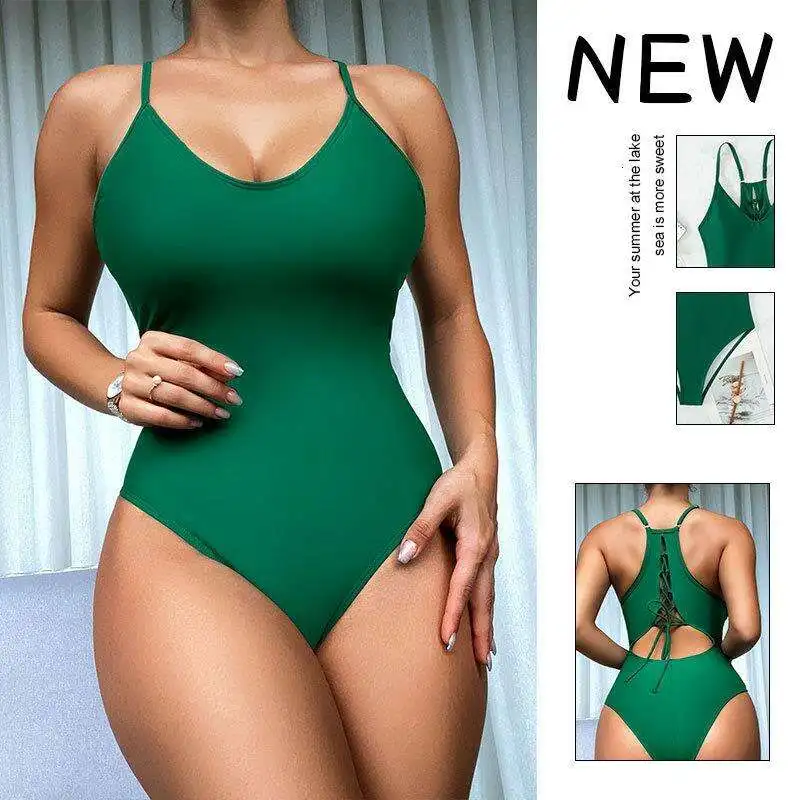 

Solid Color High Waist Triangle Swimwear One Piece Back Lace Up Womens Swimsuit Sexy