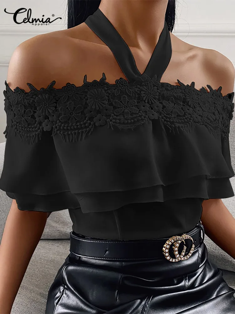 

Celmia Fashion Sexy Halter Tunics Tops Lace Stitching Solid Short Sleeve Women Blouses Ruffles Street Back Zipper Party Shirts