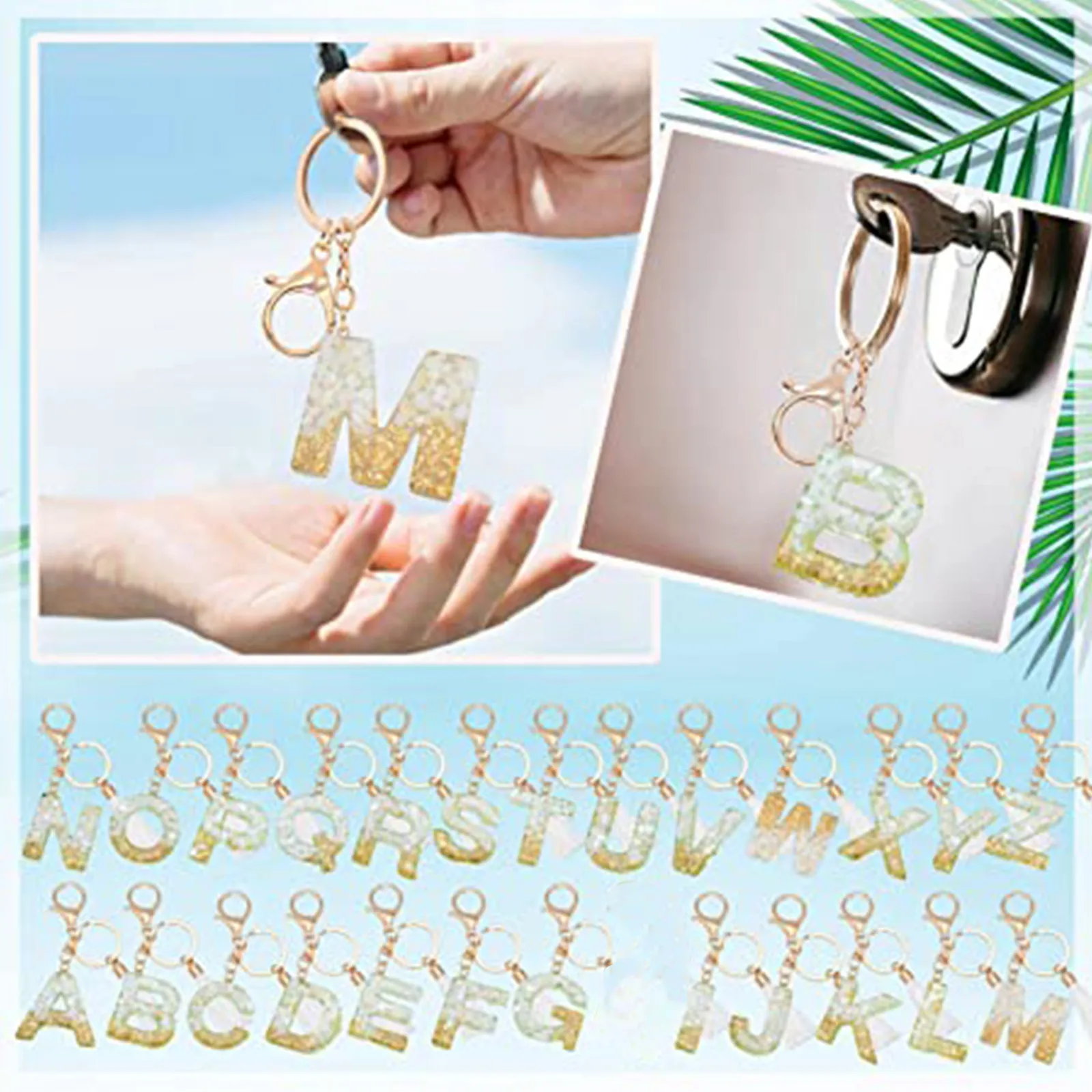 

New Style White Tassel Letter Keychain Gold Foil Crystal Glue Fashion 26 English letter Pendant Charms small gift for couple