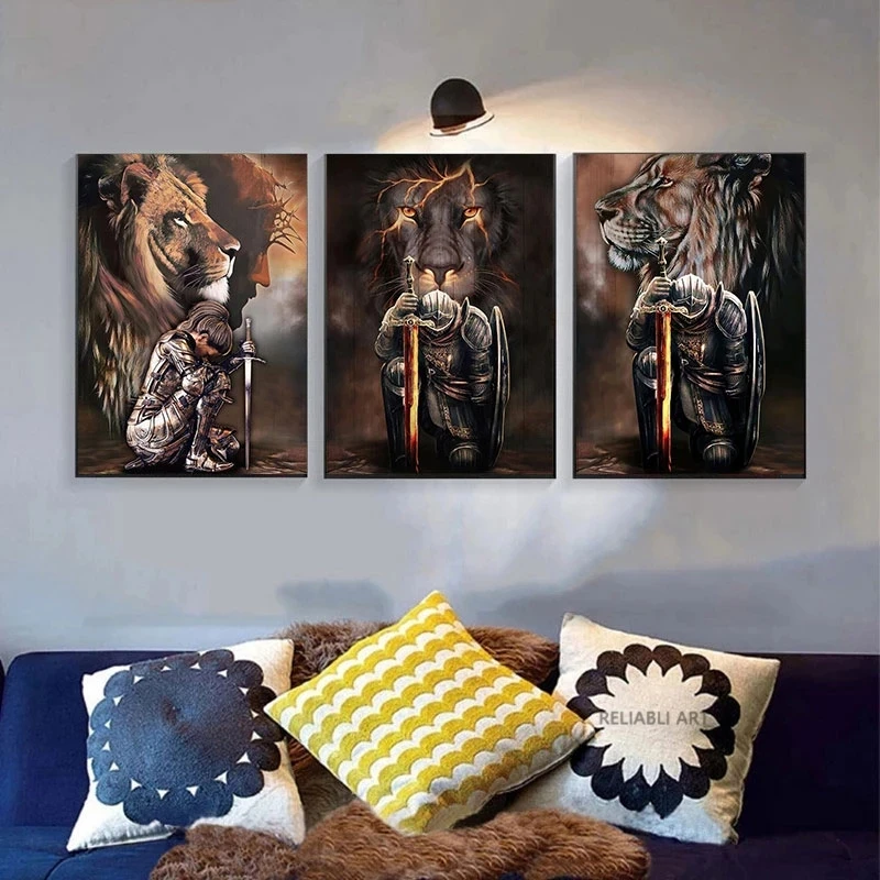 Львиная рыцарь-воин Ретро настенное искусство холст живопись плакаты и принты
