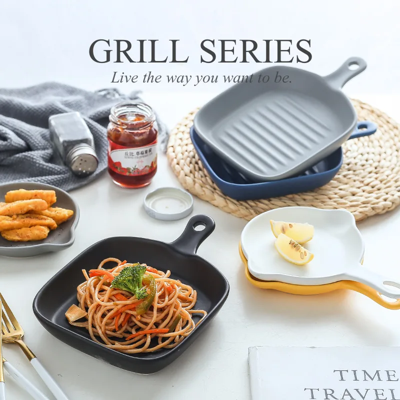 Set of 4 Matte Glaze Porcelain Food Serving Plate With Skillet Look Handle,Porcelain Baking & Meal Dual-Purpose Dinner Plates