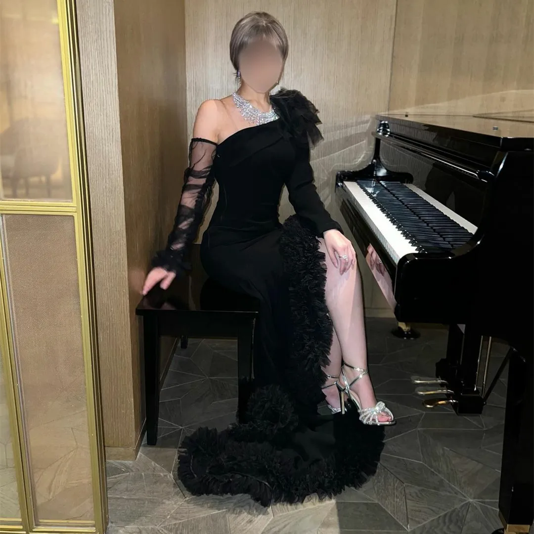 

Elegant Long Sleeve Crepe Muslim Evening Dresses With Slit Mermaid Black Sweep Train Pleated Prom Dresses for Women