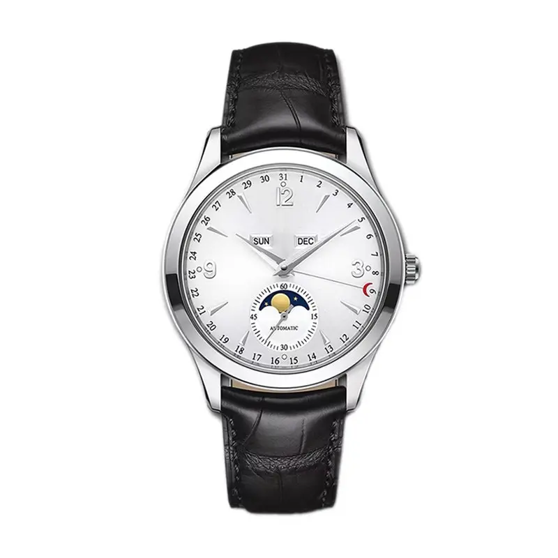 

Мужские Роскошные брендовые автоматические часы серии Master с большим циферблатом, дисплей фазы Луны, кожаный ремешок, календарь, высокое качество (AAA)