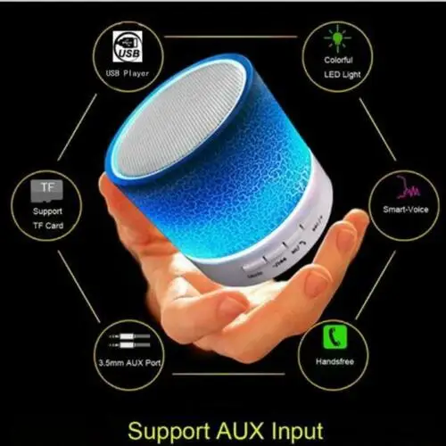 

Портальный светодиодный мини-динамик Bluetooth с FM-радио. Формат MP3, WMA, WAV, PE, FLAC.