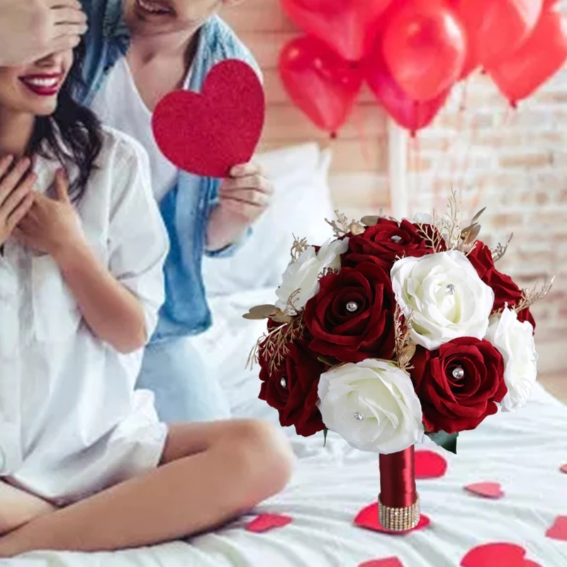 

Wedding Romantic Flower Bouquet Artificial White and Wine Red Rose Flowers Photography Props for Bride Bridal Bouquets