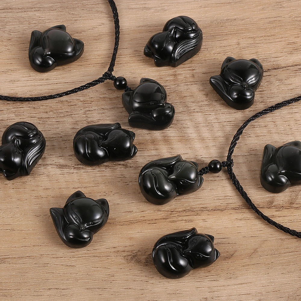 

Cute Little Black Obsidian Fox Pendant Necklace Lucky Men Women Animal Fashion Jewellery Gifts