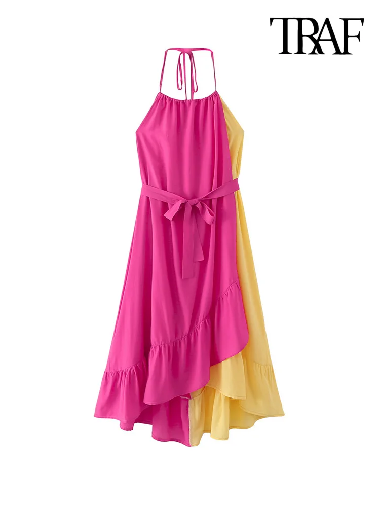 

Платье-миди асимметричное с поясом и открытой спиной, в стиле пэчворк