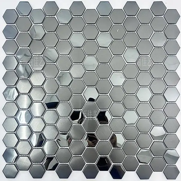 Фото Металлическая мозаичная плитка из нержавеющей стали 26x26 см, шестиугольная, с гальваническим зеркальным покрытием, для фоновой стены под телевизор в гостиной или баре №2