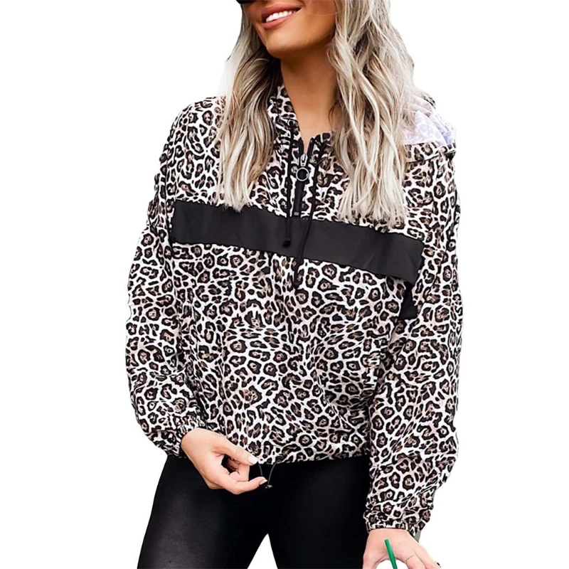 

Women Autumn Long Sleeve Drawstring Hoodies Leopard Half Up Sweatshirt Elastic Hem Harajuku Casual drop shipping