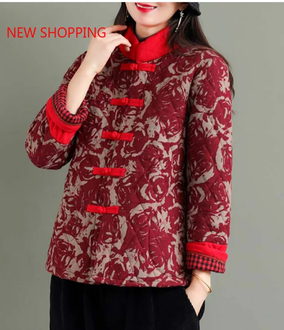 Women Retro Cotton Coat Vintage Ethnic Style Flowers Print Parka Fashion Qipao Tops Elegant Hanfu Winter Parkas Jackets Outwear