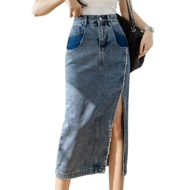 

Wisher&Tong 2022 Women Denim Skirt High Waist Side Split Patchwork Jeans Skirt Korean Fashion Women Midi Long Skirts Jupe Longue