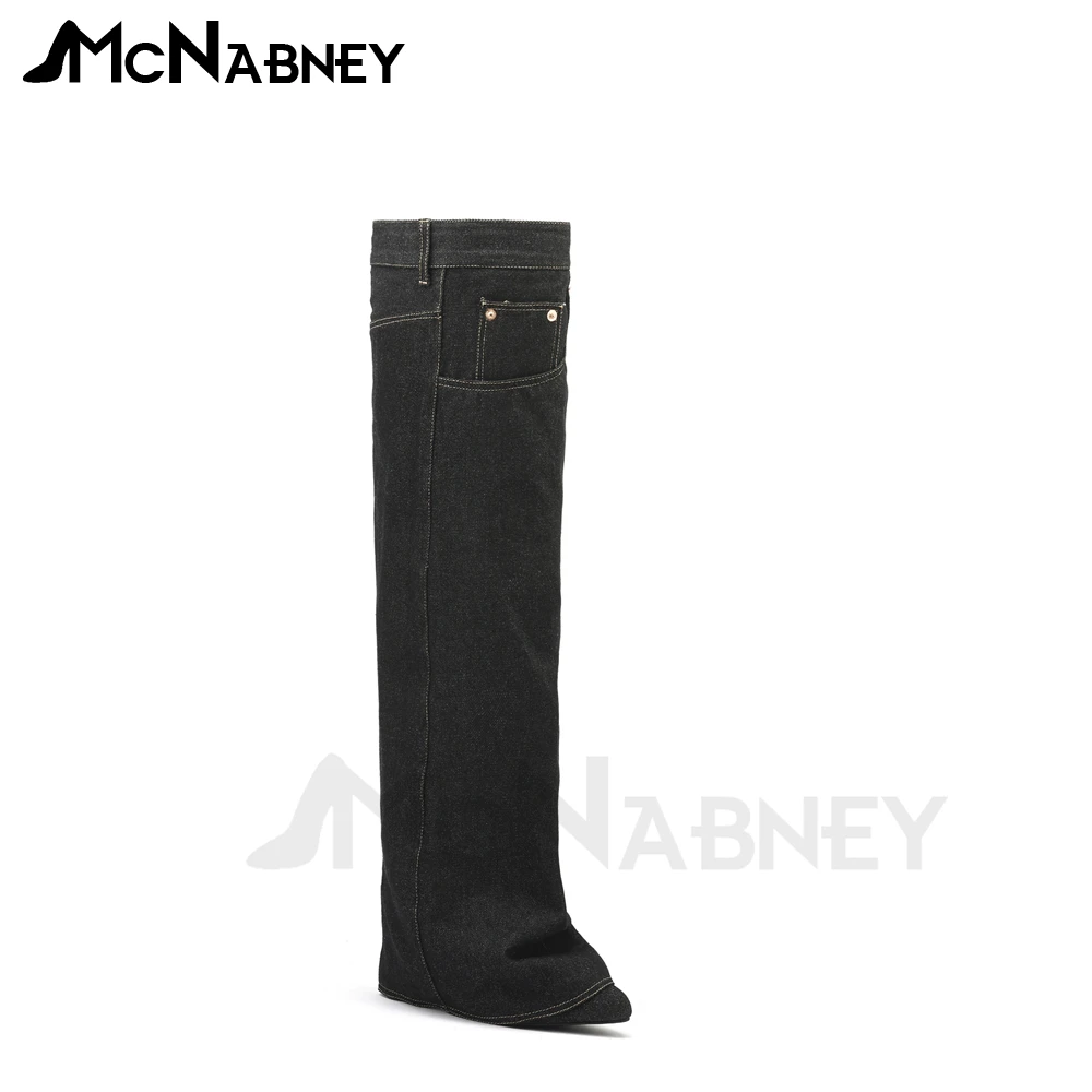 Jeans Boots Denim Knee Boots Pointed Toe High Heels Light Denim Pants Boots Fashion Designer Novelty Style Shoes for Women New