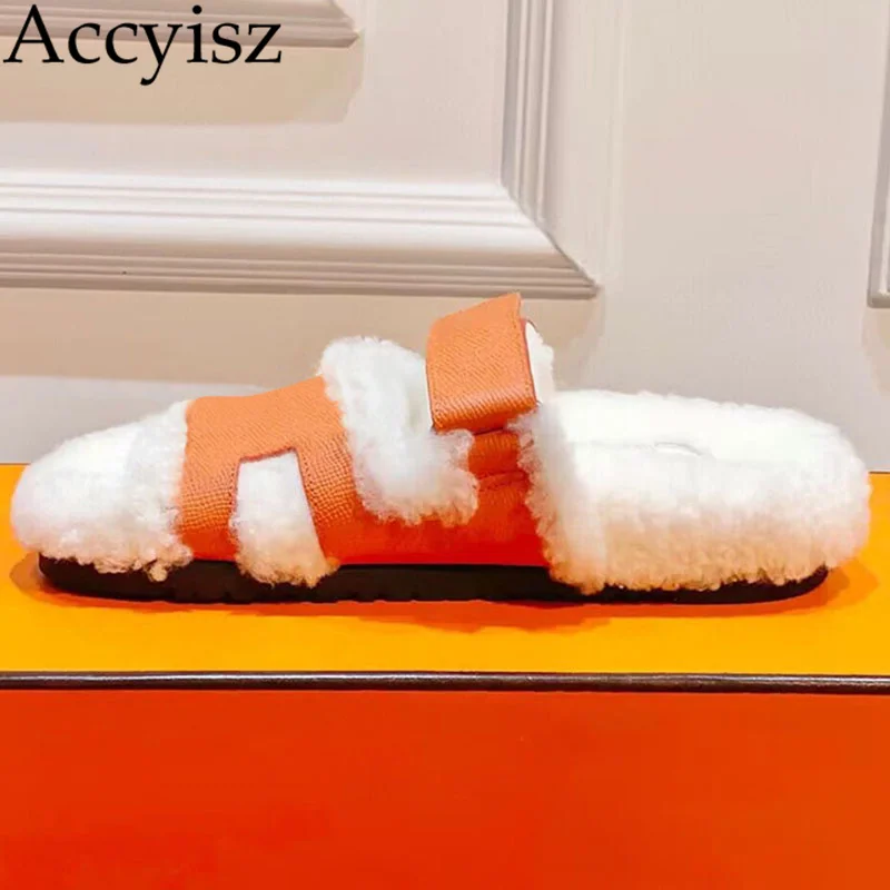 

Autumn Winter Thick Soled Fur Slippers Women Real Leather Wool Lining Open Toe Flat Shoes Ladies Warm Outside Fashion Slippers