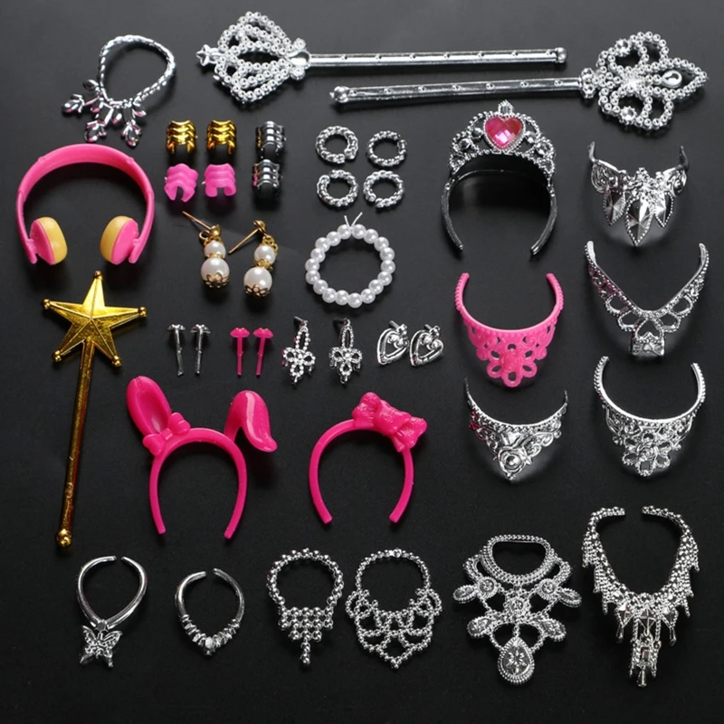 

D7YD Dolls’ Accessories for 30cm Girl Dolls Beautiful Clothes Accs Rings/Comb/Crown/Glasses for Girls Pretend Dolls 38pcs