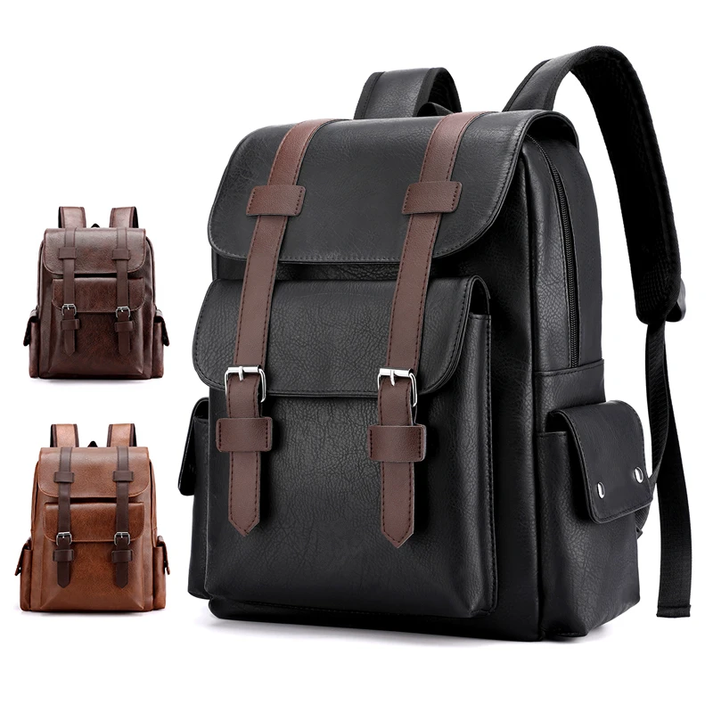 

2022 Men Backpack PU Leather Bagpack Large Laptop Backpacks Male Mochilas Black Schoolbag For Teenagers Boys Brown Sac A Dos