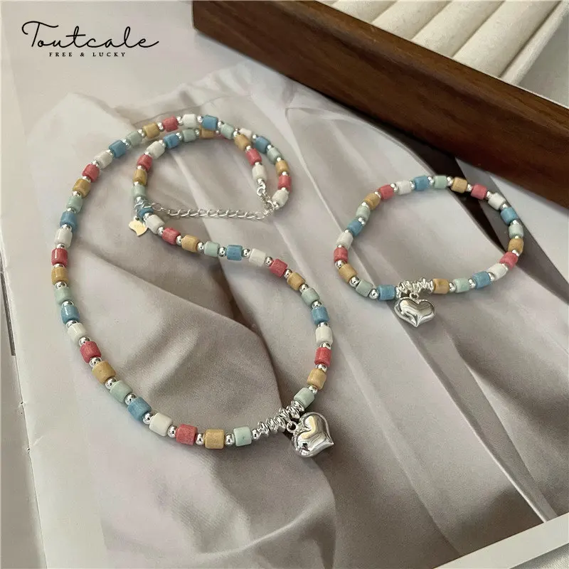 

Toutcale 100% Sterling Silver Colorful Beaded Love Necklace Bracelet Simple Chic Heart Collarbone Bracelet Chain Set