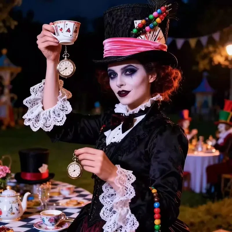 Фото UUI1Pirate Circus Шляпа-федора «Сумасшедший Шляпник» с кружевным волнистым краем, реквизит для Хэллоуина, косплея, аксессуары для головного убора M[[6 №2